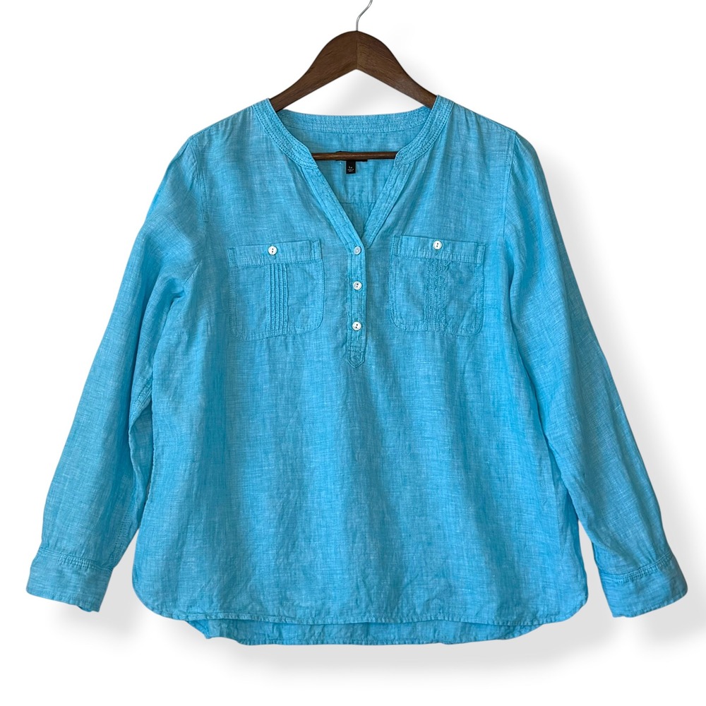 Talbots 100% Linen Blouse LP Aqua Blue Popover Roll Tab‎ Pintuck Lagenlook Beach